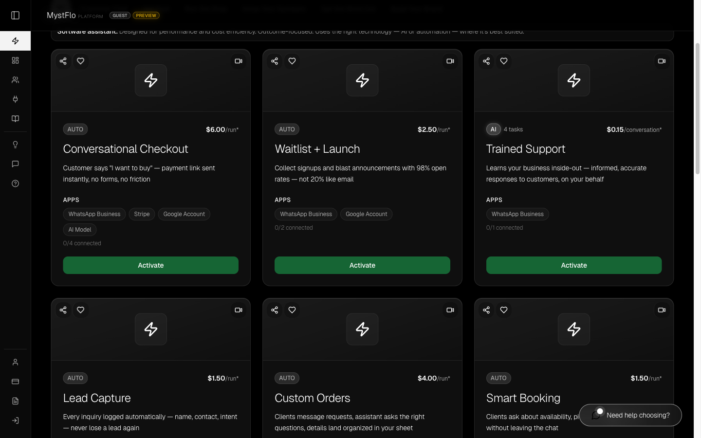 MystFlo assistant cards showing pricing and activation status